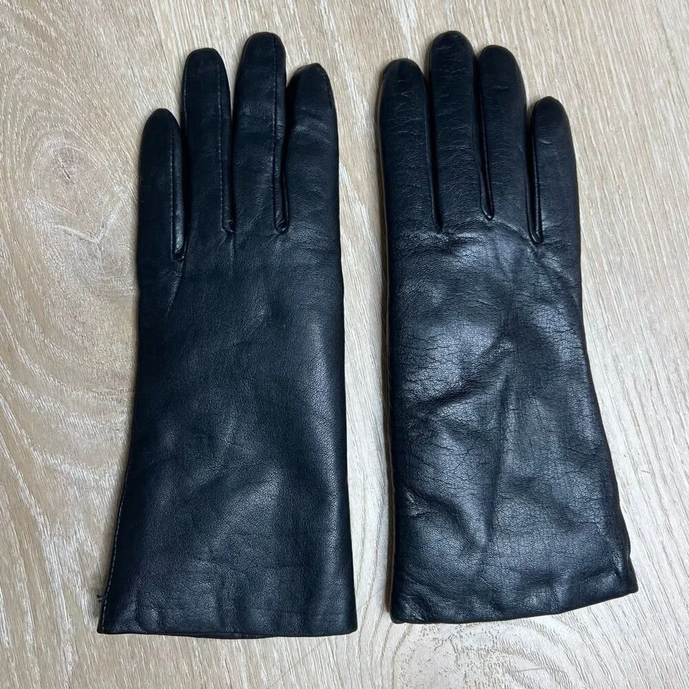 Vintage, Black Genuine Leather Gloves Lux Faux Fur Lined Interior, Women’s Small